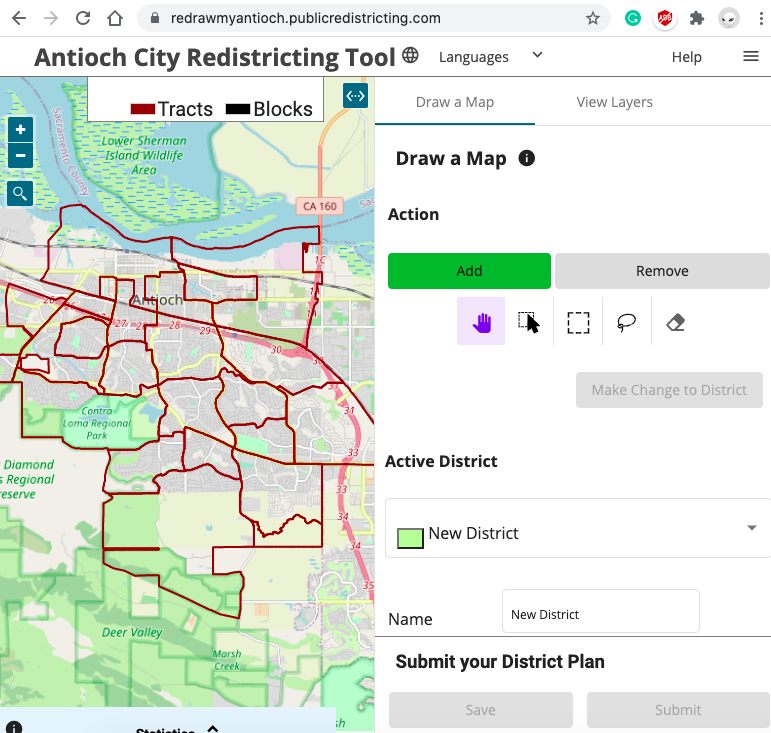screen capture of what the City of Antioch Redistricting mapping tool website site looks like)