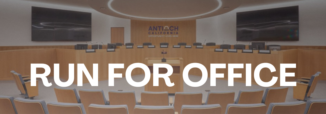Image of City of Antioch City Council Chambers with text that reads “run for office